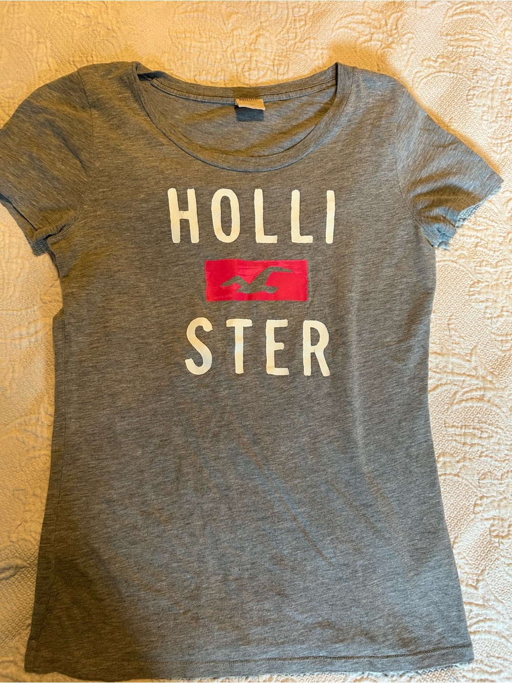 Hollister Women’s Grey Graphic Logo Tee with Pink Accent